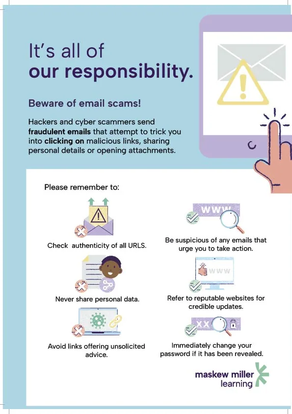 MML Cyber Security Awareness Training Poster — beware of email scams