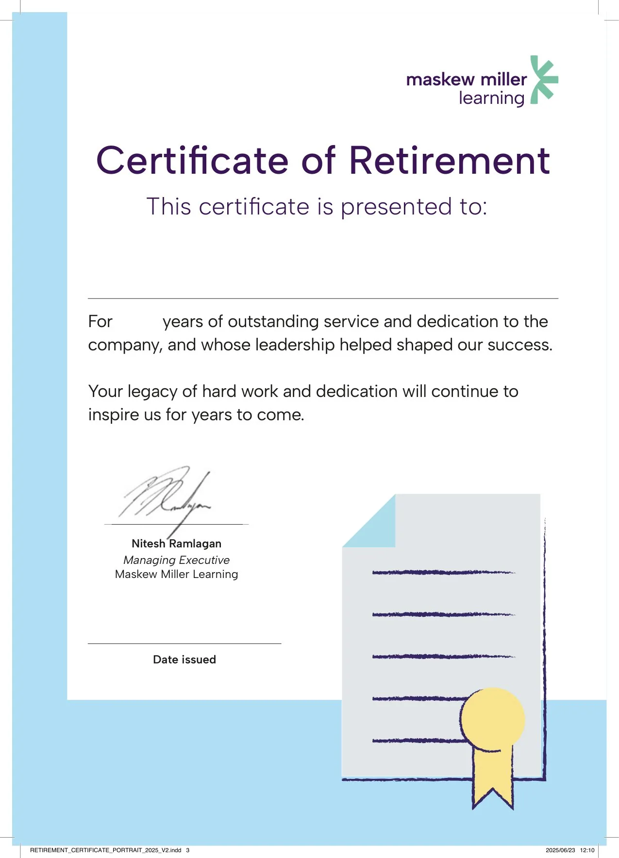 Maskew Miller retirement certificate design 2025