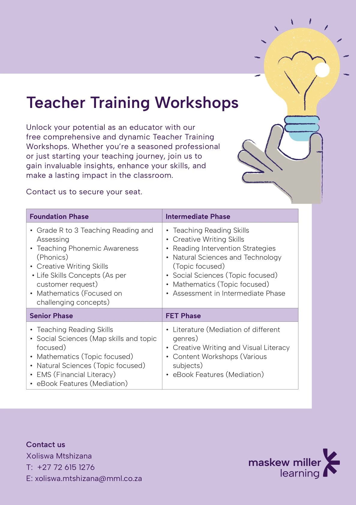 Maskew Miller teacher training flyer — Xoliswa